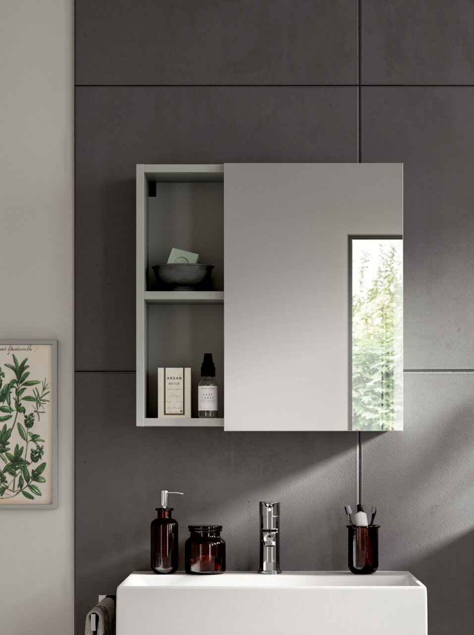 MID.YOU Spiegelschrank COPA Moderner Spiegelschrank mit offenem Regal, gefüllt mit Pflegeprodukten, in einem stilvollen Badezimmer. Frontalansicht.