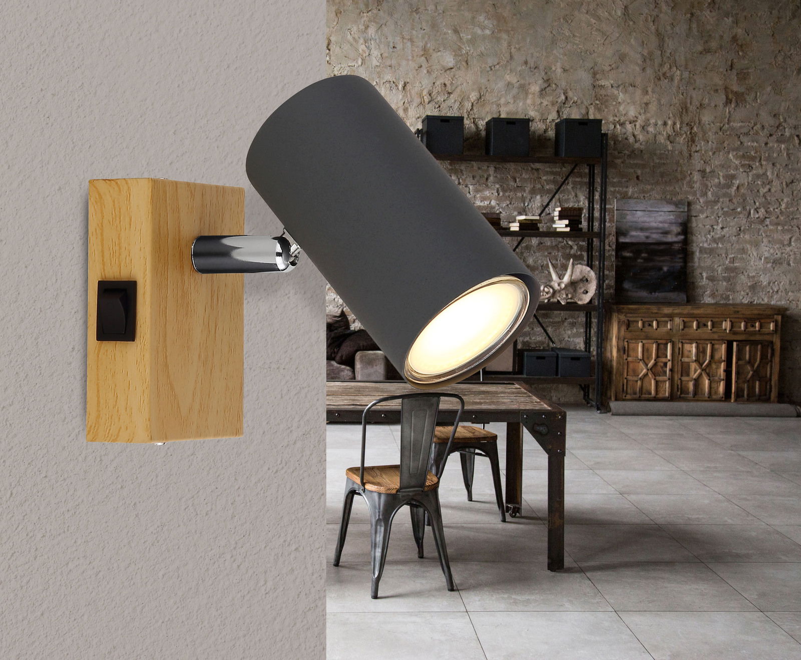 Globo Lighting Strahler ROBBY Wandleuchte mit zylindrischem, dunkelgrauem Strahler und Holzsockel, seitliche Perspektive