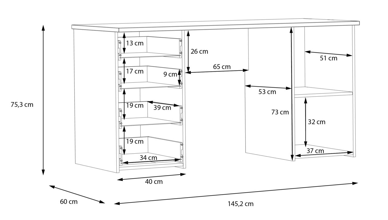 Schreibtisch mit mehreren Schubladen und Regalfächern, perspektivische Ansicht von vorne.