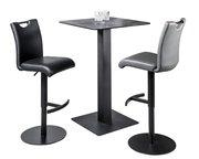 Zwei moderne Barhocker in Schwarz und Grau mit Rückenlehne, neben einem quadratischen Stehtisch, seitliche Perspektive.