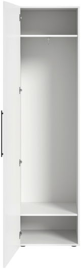 Offener Spiegelschrank mit einer Tür, Innenansicht mit Regalböden und Kleiderstange, Frontalansicht