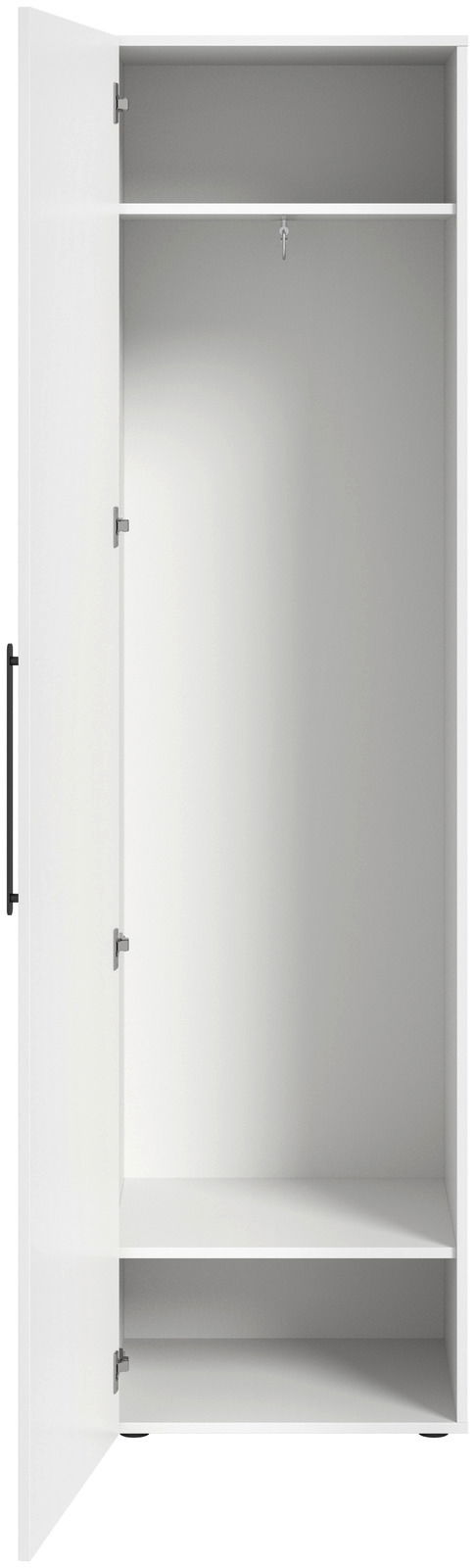Offener Spiegelschrank mit einer Tür, Innenansicht mit Regalböden und Kleiderstange, Frontalansicht