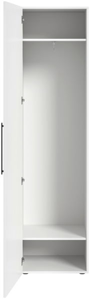 Offener Spiegelschrank mit einer Tür, Innenansicht mit Regalböden und Kleiderstange, Frontalansicht