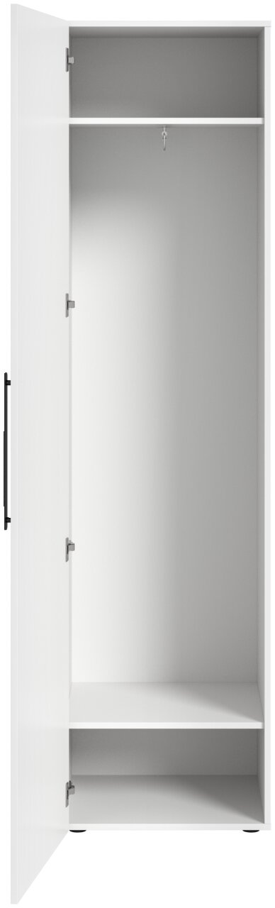 Offener Spiegelschrank mit einer Tür, Innenansicht mit Regalböden und Kleiderstange, Frontalansicht