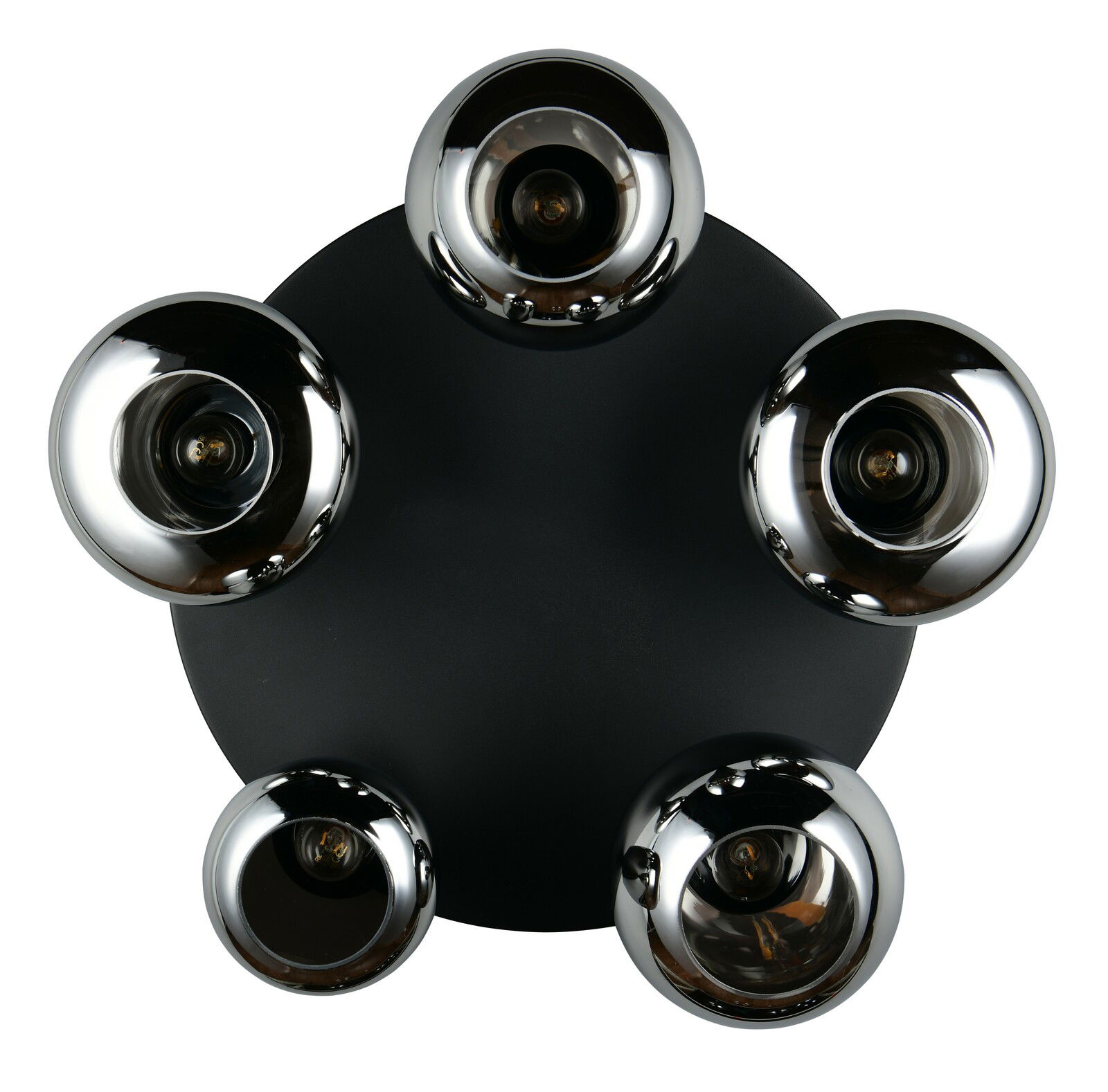 Moderne Deckenleuchte mit fünf glänzenden, runden Lampenschirmen in Draufsicht.