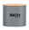 Graue Badbox Gara mit Holzdeckel, Aufschrift 'BATH KEEP CLEAN', frontale Ansicht