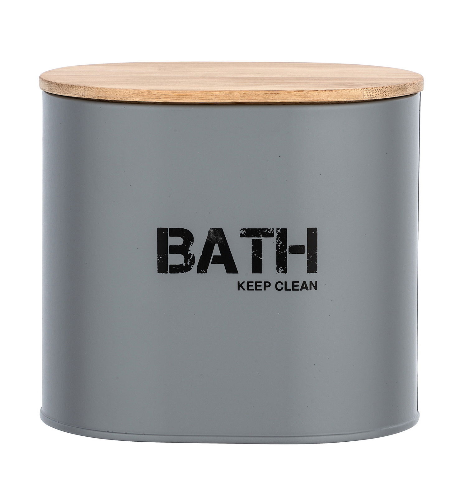 Graue Badbox Gara mit Holzdeckel, Aufschrift 'BATH KEEP CLEAN', frontale Ansicht