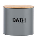 Graue Badbox Gara mit Holzdeckel, Aufschrift 'BATH KEEP CLEAN', frontale Ansicht