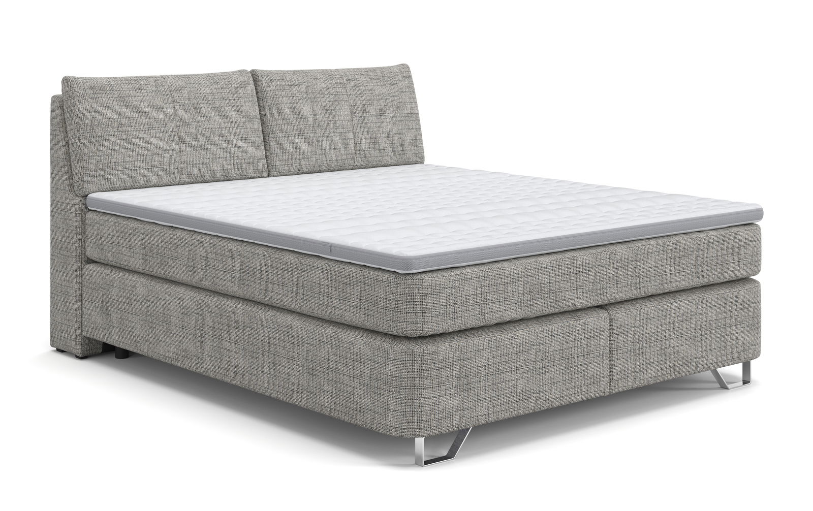Graues Boxspringbett mit zwei Kissen und Metallfüßen, seitliche Perspektive