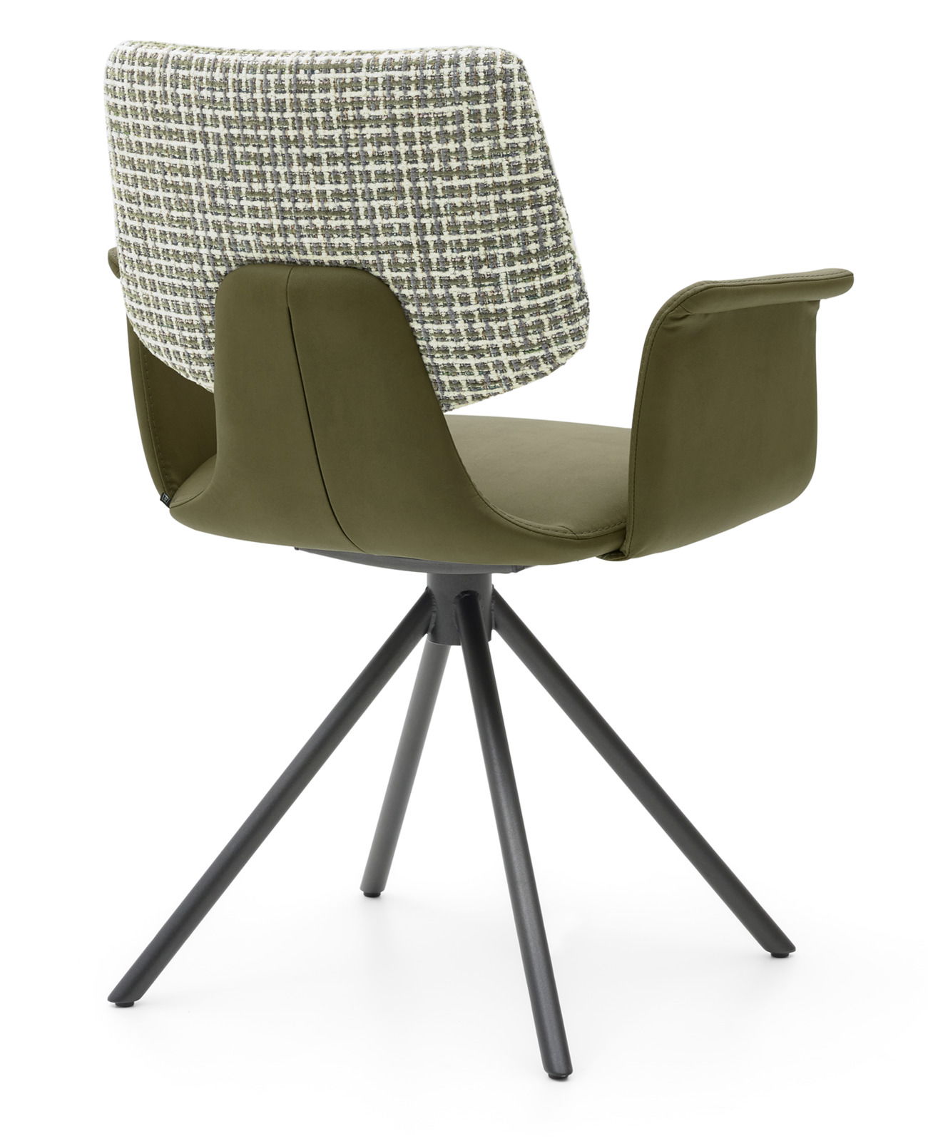 Rückansicht eines modernen Sessels mit olivgrünem Sitz und gemustertem Rückenteil auf einem schwarzen Metallgestell.