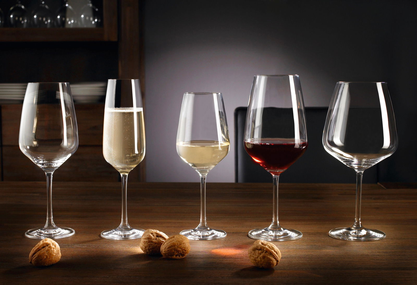 Fünf Weingläser in verschiedenen Formen und Größen auf einem Holztisch, gefüllt mit Rotwein, Weißwein und Sekt, aus frontaler Perspektive.