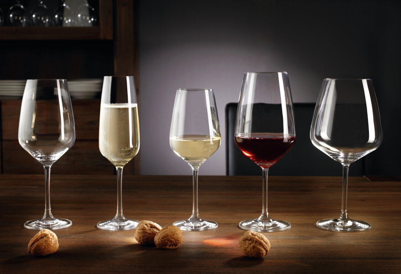 Fünf Weingläser in verschiedenen Formen und Größen auf einem Holztisch, gefüllt mit Rotwein, Weißwein und Sekt, aus frontaler Perspektive.