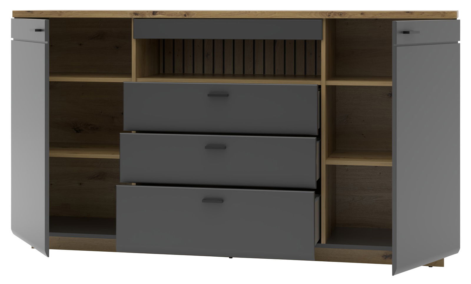 Frontale Ansicht eines modernen Sideboards mit grauen Schubladen und Holzelementen, offene Türen und Schubladen zeigen den Stauraum.