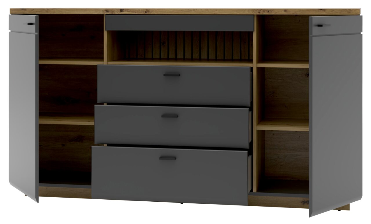 Frontale Ansicht eines modernen Sideboards mit grauen Schubladen und Holzelementen, offene Türen und Schubladen zeigen den Stauraum.