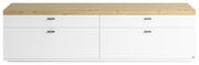 TV-Lowboard in weiß mit vier Schubladen und einer Holzoberfläche, Frontalansicht