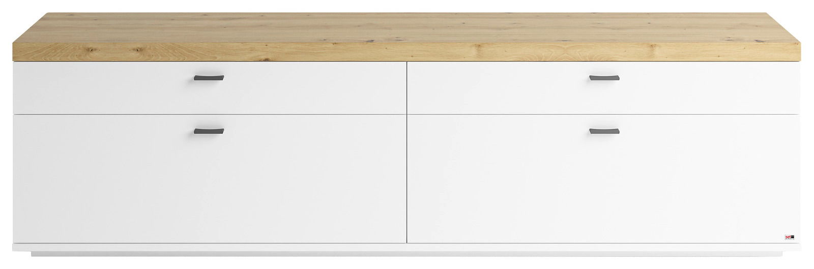 TV-Lowboard in weiß mit vier Schubladen und einer Holzoberfläche, Frontalansicht
