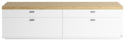 TV-Lowboard in weiß mit vier Schubladen und einer Holzoberfläche, Frontalansicht