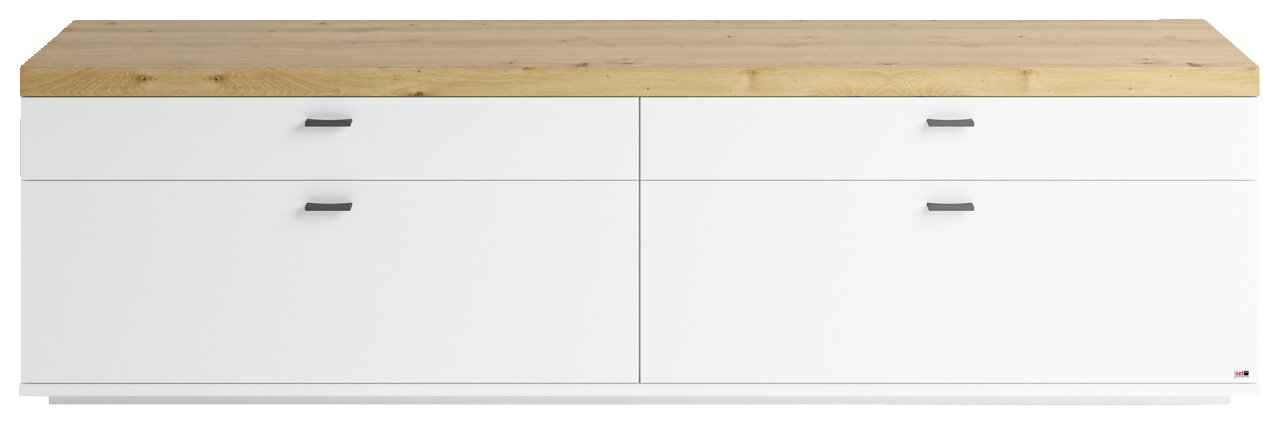 TV-Lowboard in weiß mit vier Schubladen und einer Holzoberfläche, Frontalansicht