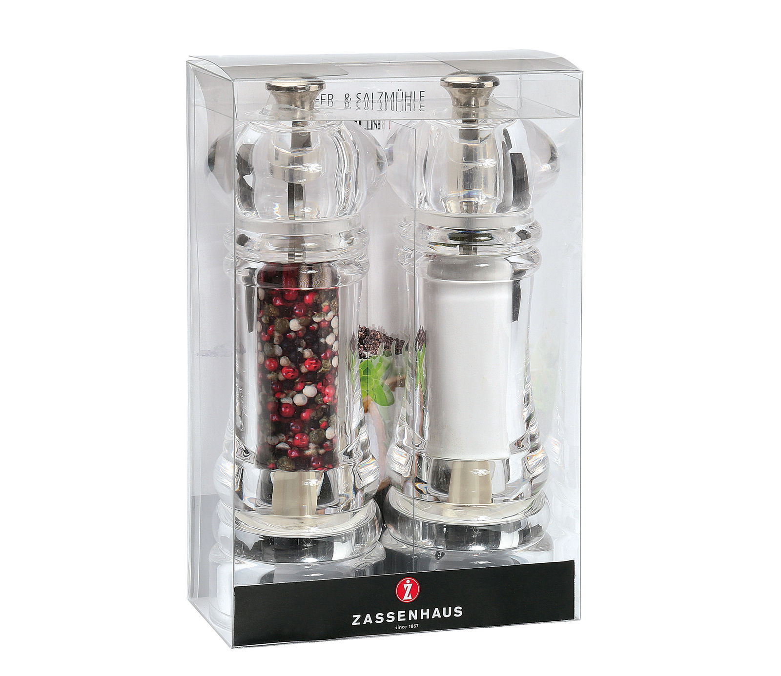 Zassenhaus Set Pfeffermühle/Salzmühle 18 cm BERLIN Salz- und Pfeffermühlenset Berlin von Zassenhaus, frontal in transparenter Verpackung mit sichtbaren Gewürzen.