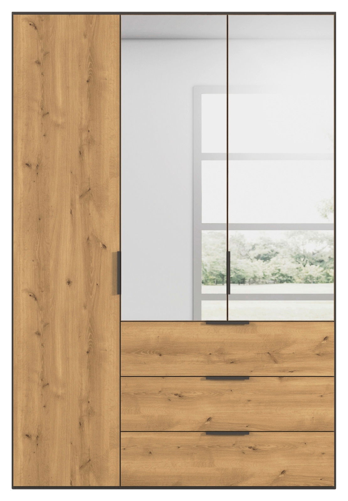 Moderner Kleiderschrank aus Holz mit Spiegel, Frontalansicht