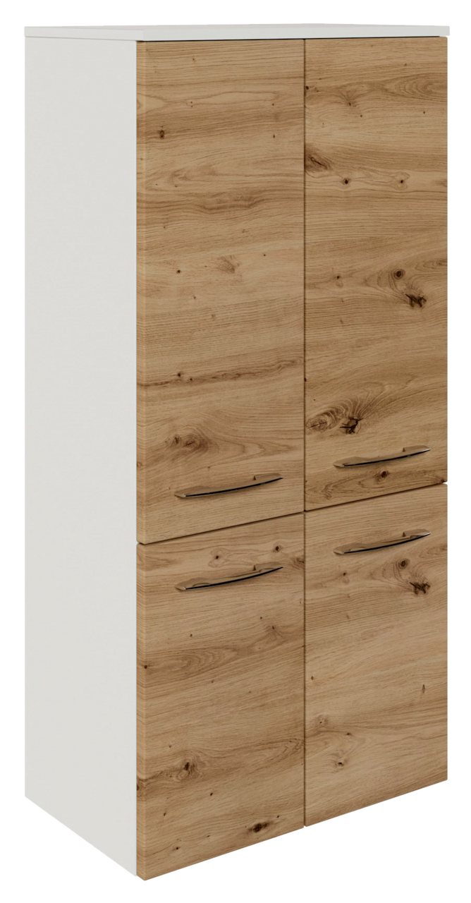 Midischrank mit Holzoptik, vier Türen, seitliche Perspektive