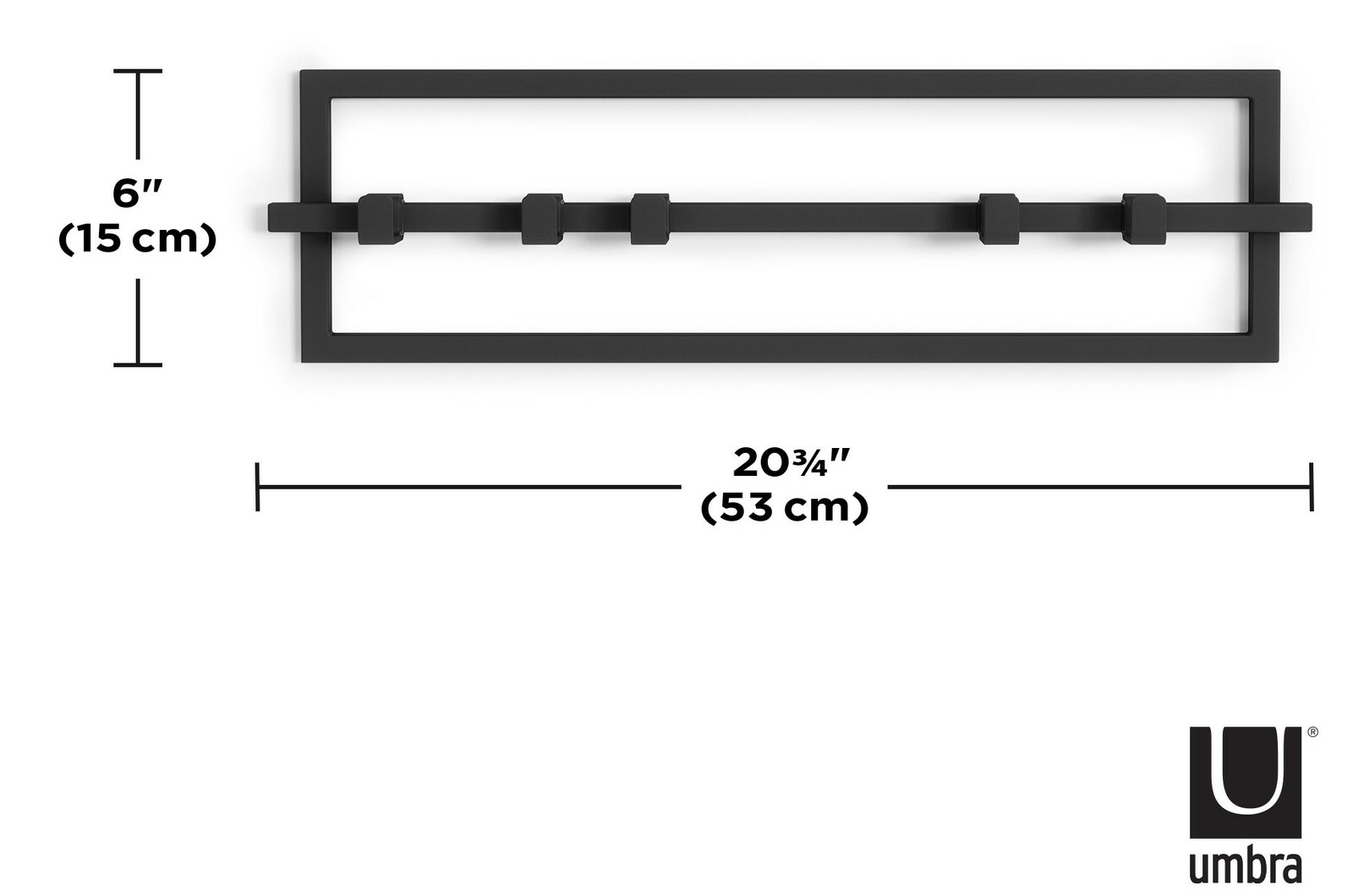 Schwarze Wandgarderobe Umbra CUBIKO mit rechteckigem Rahmen und vier Haken, Vorderansicht.