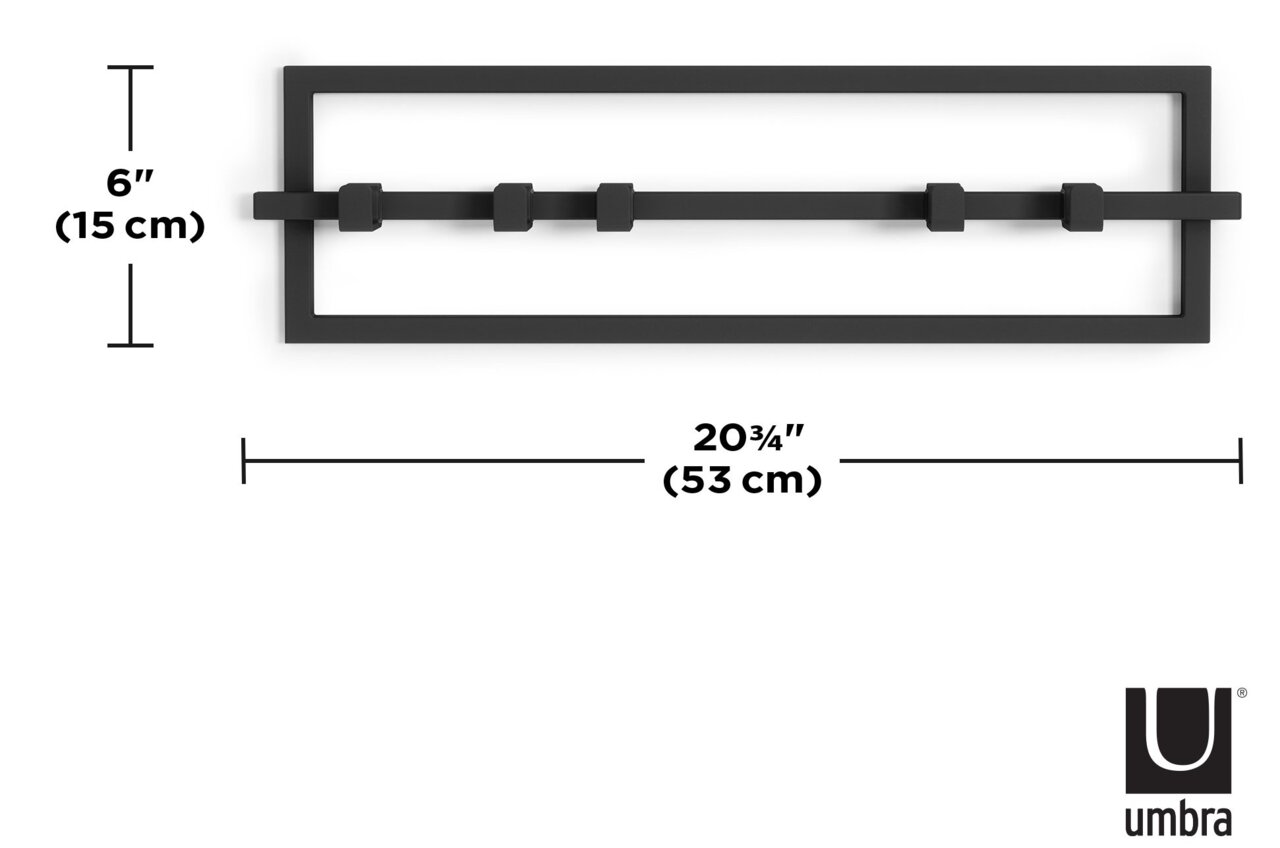 Schwarze Wandgarderobe Umbra CUBIKO mit rechteckigem Rahmen und vier Haken, Vorderansicht.