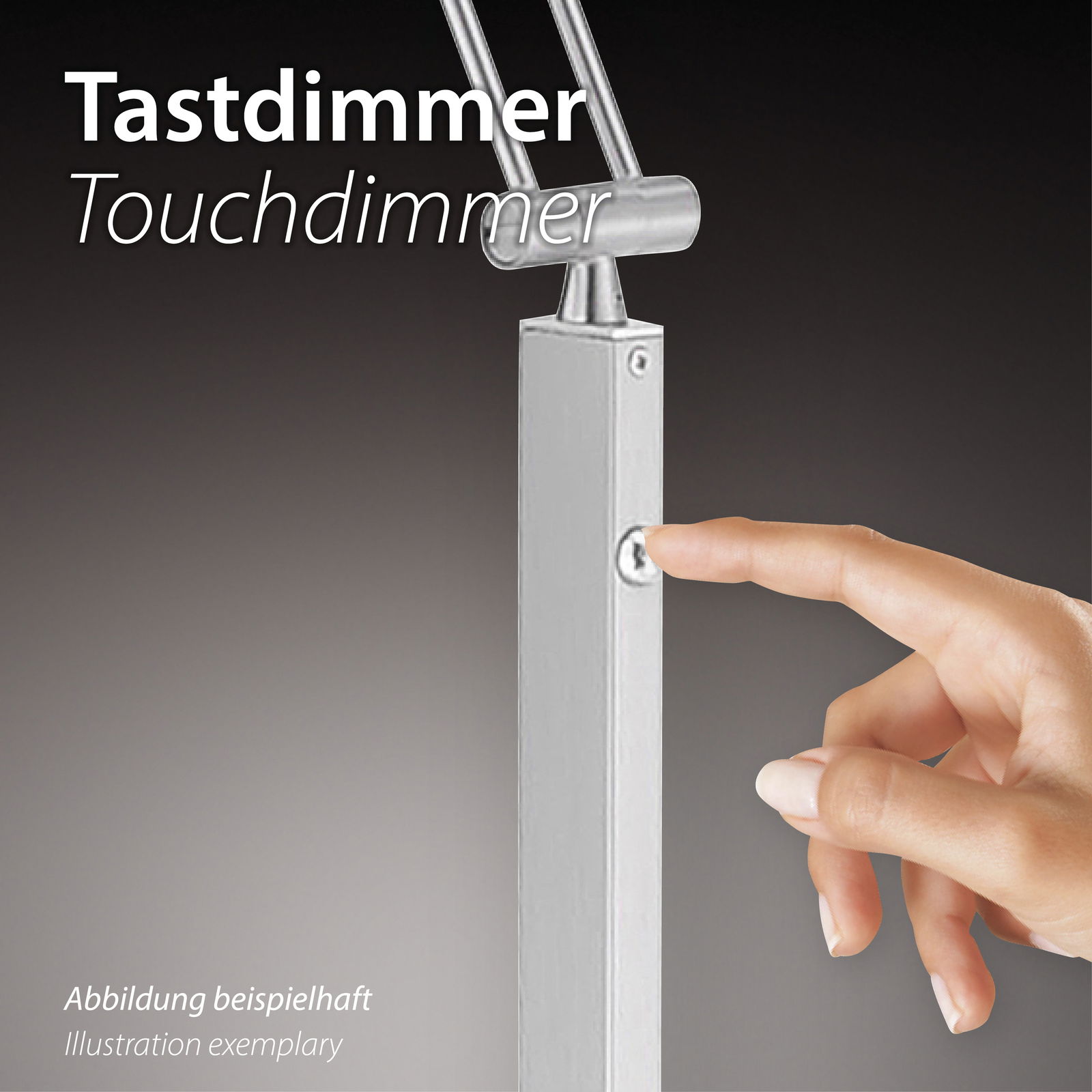 Nahaufnahme einer LED-Stehleuchte mit Tastdimmer, eine Hand berührt den Dimmerknopf.