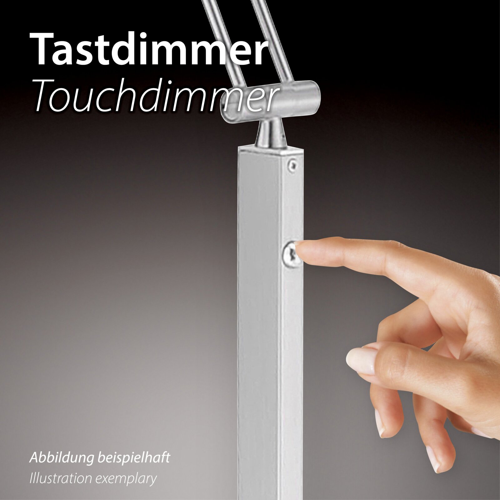 Nahaufnahme einer LED-Stehleuchte mit Tastdimmer, eine Hand berührt den Dimmerknopf.