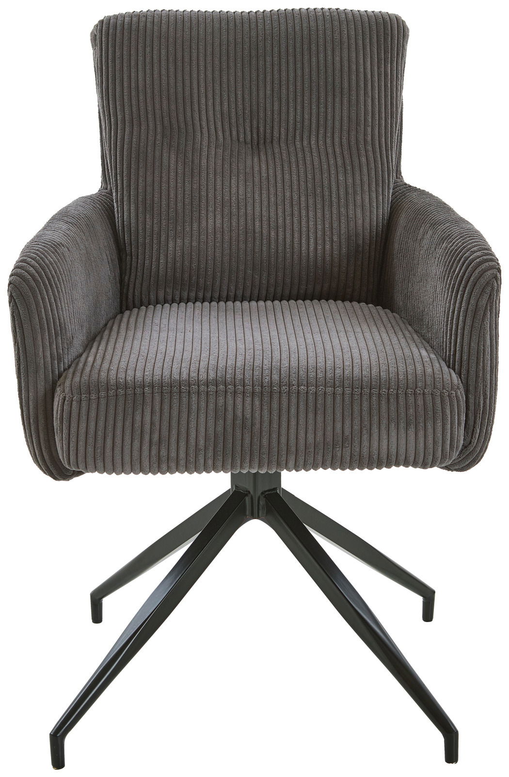 Grauer Armlehnstuhl mit geripptem Stoffbezug und schwarzem Metallgestell, Frontalansicht