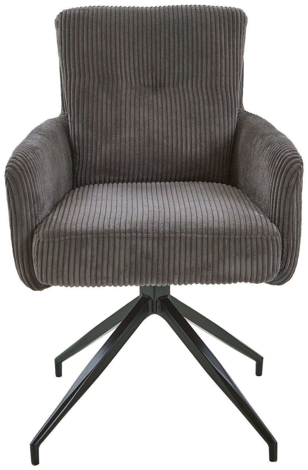 Grauer Armlehnstuhl mit geripptem Stoffbezug und schwarzem Metallgestell, Frontalansicht