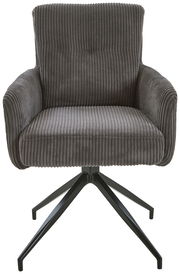 Grauer Armlehnstuhl mit geripptem Stoffbezug und schwarzem Metallgestell, Frontalansicht