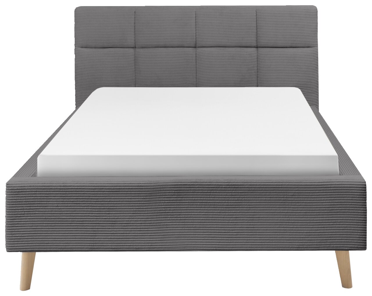 Grijs boxspringbed met doorgestikt hoofdeinde, gezien vanaf de voorkant