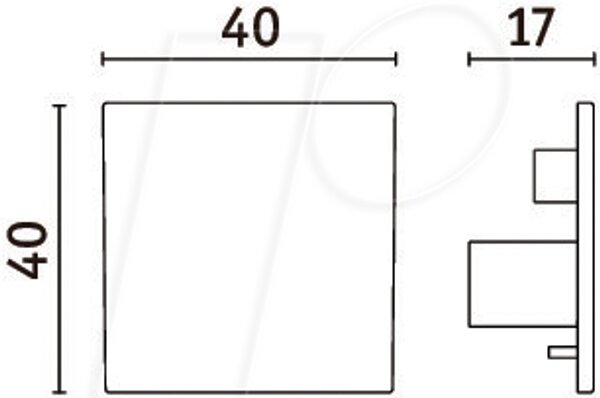 Technische Maßzeichnung einer quadratischen Abdeckung/Blende 40×40 mm mit Seitenansicht, Tiefe 17 mm – Vorder- und Seitenperspektive