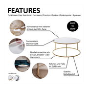 Runder Couchtisch mit Marmor-Optik Tischplatte und goldfarbenem Metallgestell, seitliche Perspektive