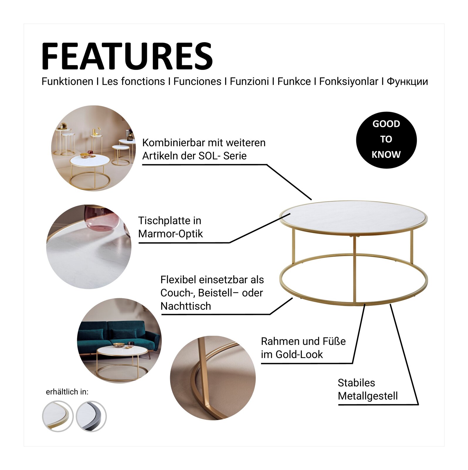 Runder Couchtisch mit Marmor-Optik Tischplatte und goldfarbenem Metallgestell, seitliche Perspektive