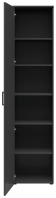 Schwarzer Mehrzweckschrank mit geöffneter Tür, fünf Regalböden sichtbar, Frontalansicht.