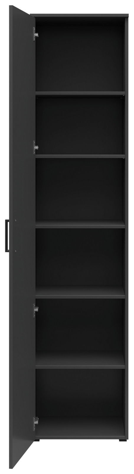 Schwarzer Mehrzweckschrank mit geöffneter Tür, fünf Regalböden sichtbar, Frontalansicht.