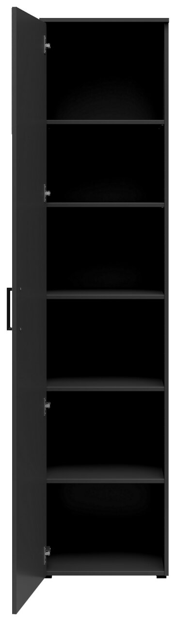 Schwarzer Mehrzweckschrank mit geöffneter Tür, fünf Regalböden sichtbar, Frontalansicht.