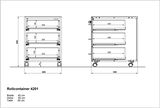 Technische Zeichnung eines Rollcontainers mit drei Schubladen, Vorder- und Seitenansicht. Maße: Breite 40 cm, Höhe 55 cm, Tiefe 50 cm.