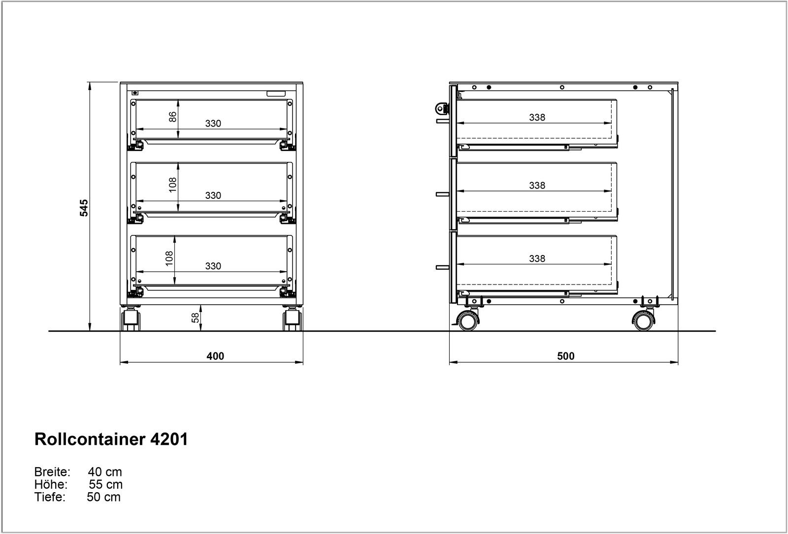 Technische Zeichnung eines Rollcontainers mit drei Schubladen, Vorder- und Seitenansicht. Maße: Breite 40 cm, Höhe 55 cm, Tiefe 50 cm.