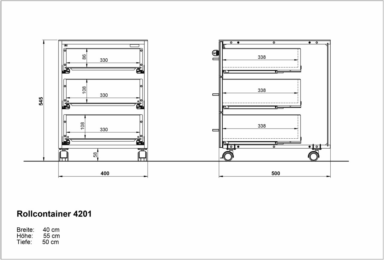Technische Zeichnung eines Rollcontainers mit drei Schubladen, Vorder- und Seitenansicht. Maße: Breite 40 cm, Höhe 55 cm, Tiefe 50 cm.