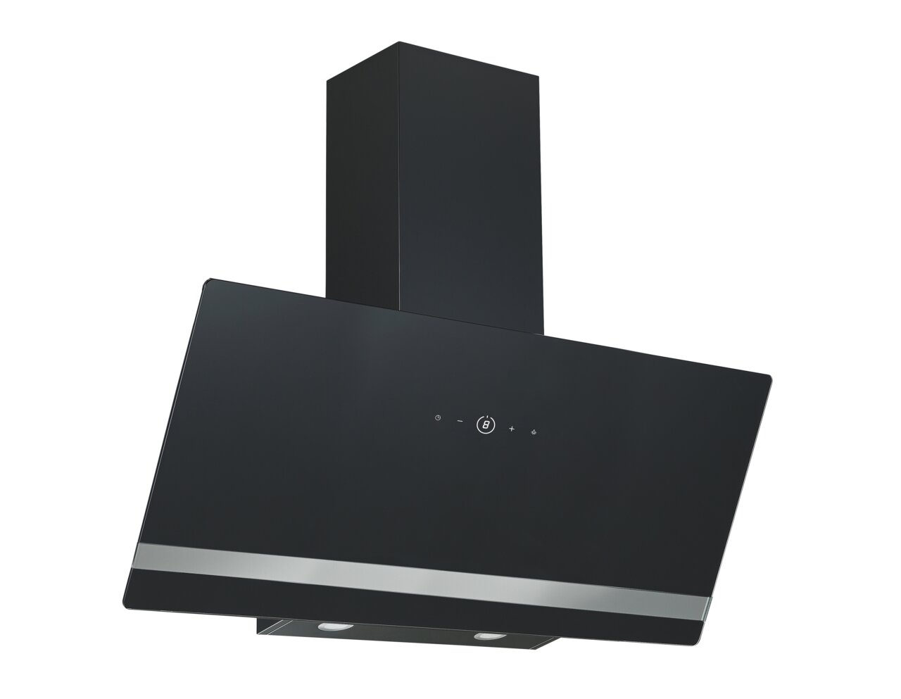 Schwarze, schräg montierte Wand-Dunstabzugshaube mit Glasfront, Touch-Bedienfeld und Kaminaufsatz, in frontaler Ansicht leicht von unten vor weißem Hintergrund.