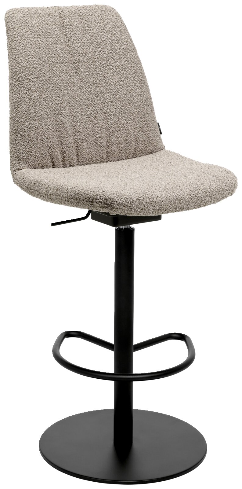 Moderne barkruk met gestoffeerde zitting en rugleuning in beige, zwart metalen frame en voetsteun, zijaanzicht