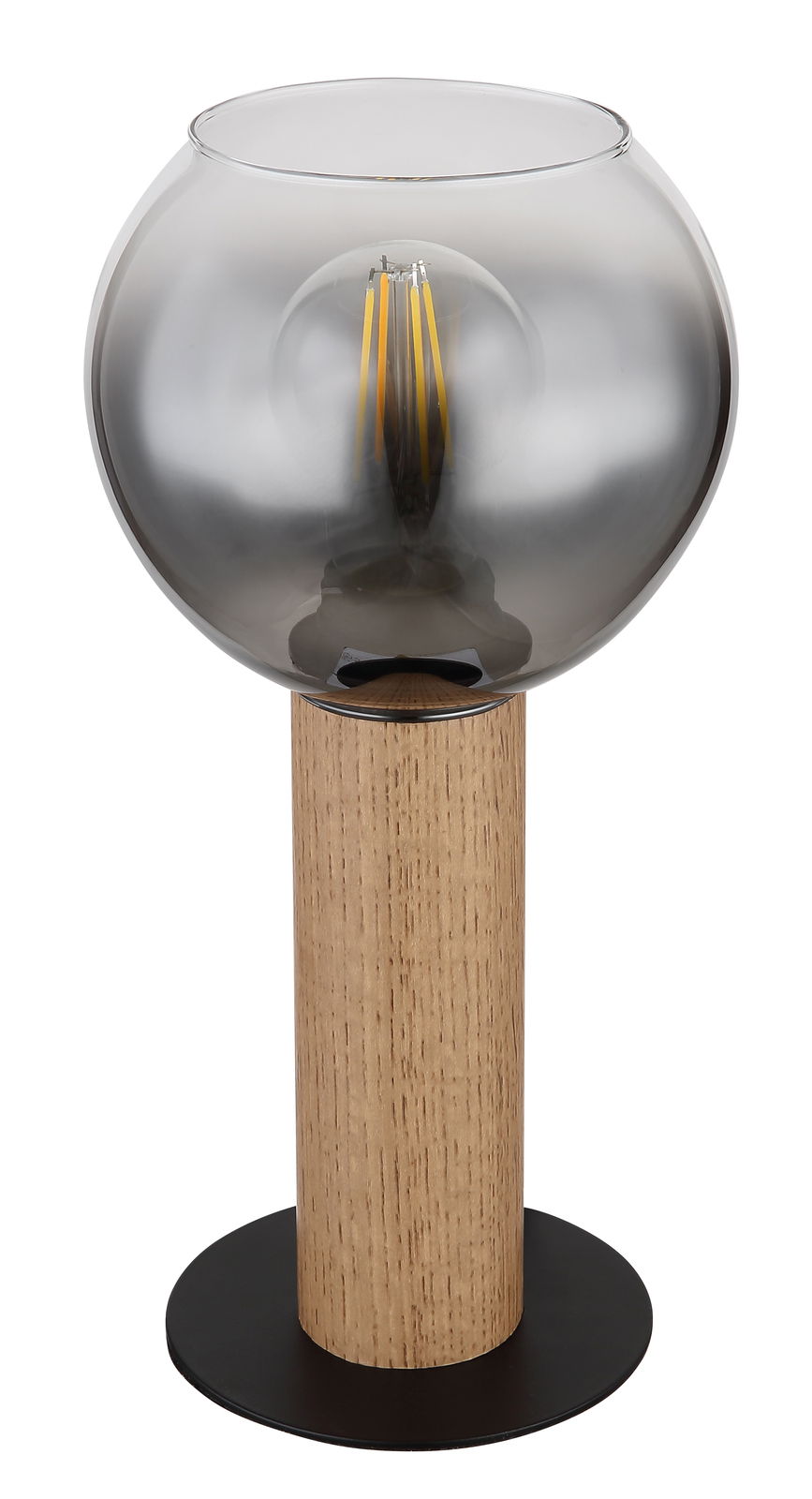 Globo Lighting Tischleuchte Moderne Tischleuchte mit rauchgrauem Glas und Holzfuß, seitliche Perspektive