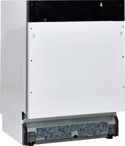 Einbaugeschirrspüler in seitlicher Perspektive, teilweise geöffnet, mit sichtbarer Isolierung an der Unterseite.