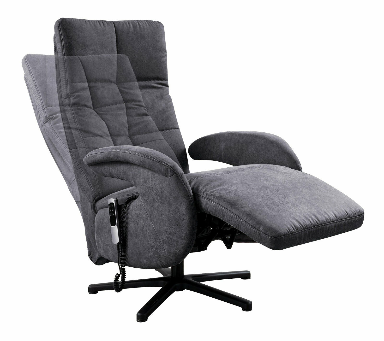 Grauer Relaxsessel mit verstellbarer Rückenlehne und Fußstütze, seitliche Perspektive