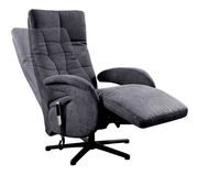 Grauer Relaxsessel mit verstellbarer Rückenlehne und Fußstütze, seitliche Perspektive