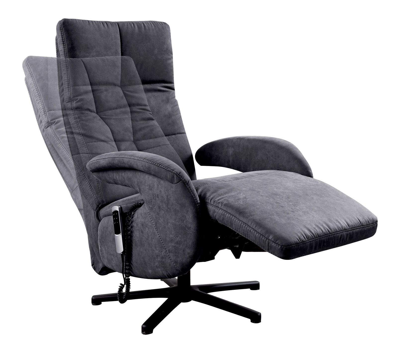 Grauer Relaxsessel mit verstellbarer Rückenlehne und Fußstütze, seitliche Perspektive