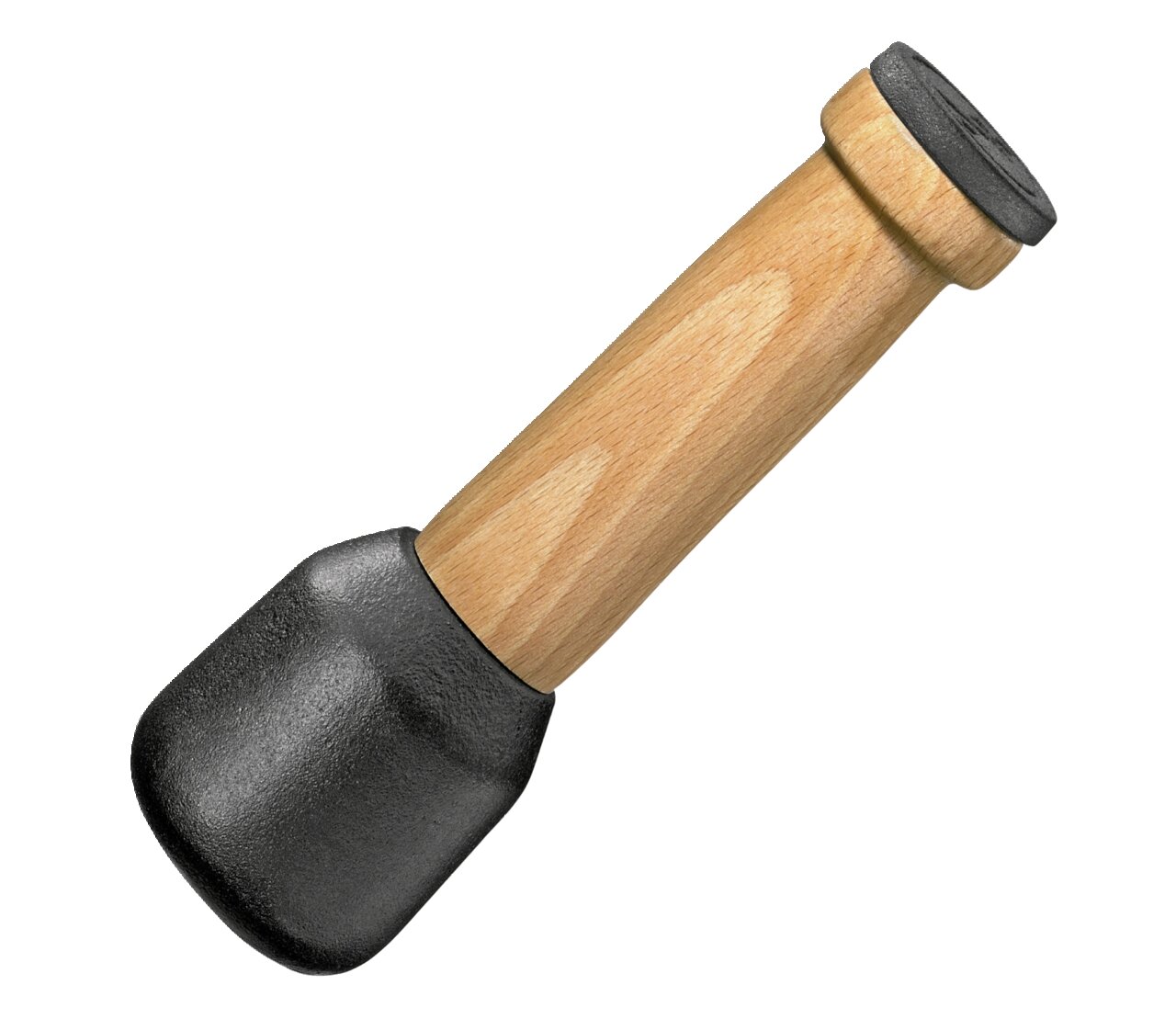 Gewürzmörser-Stößel aus Holz und Gusseisen, seitliche Perspektive
